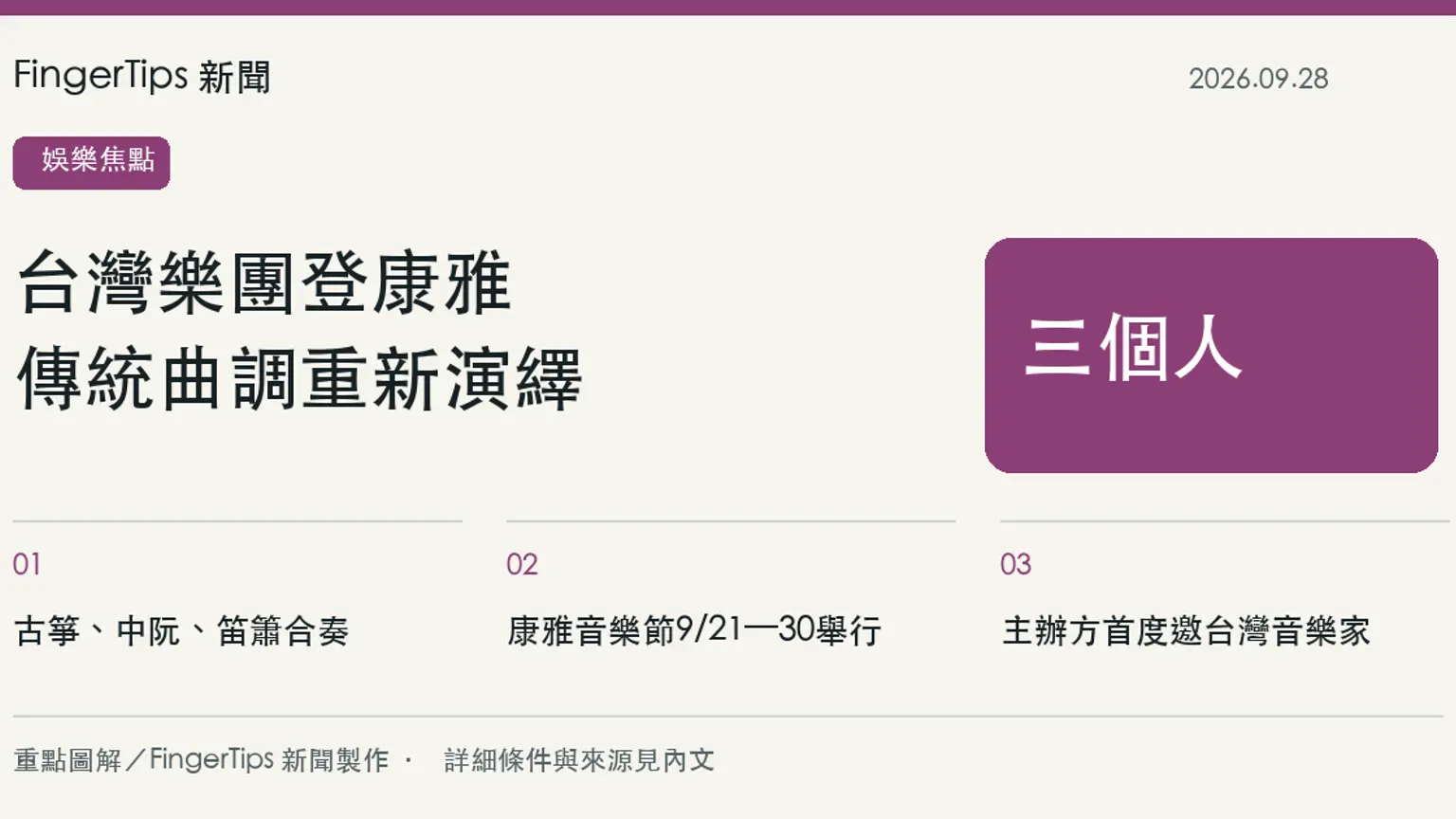 台灣樂團「三個人」登康雅音樂節，以古箏、中阮及笛簫演繹民謠