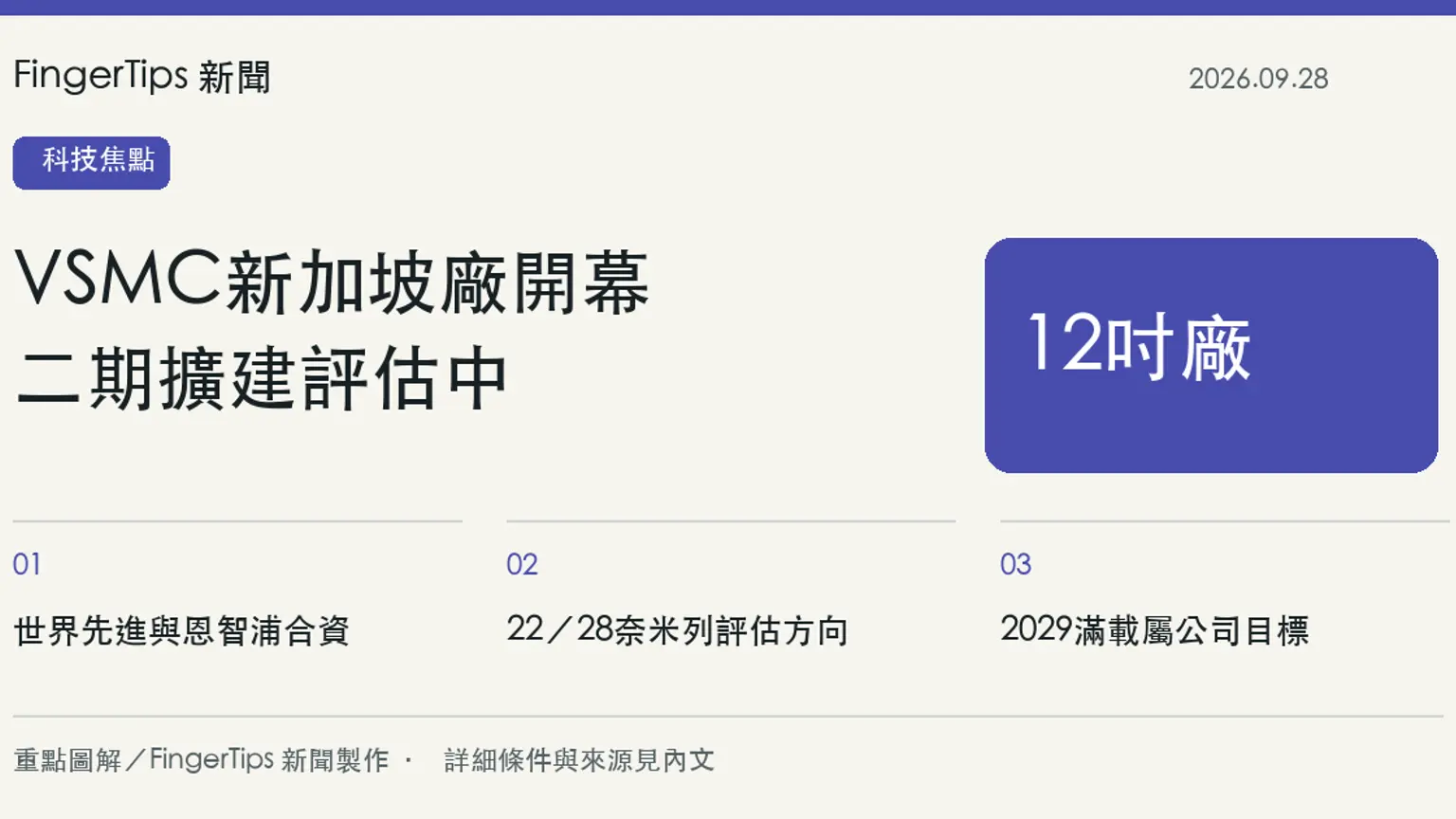 世界先進新加坡VSMC開幕，二期與22／28奈米製程仍在評估