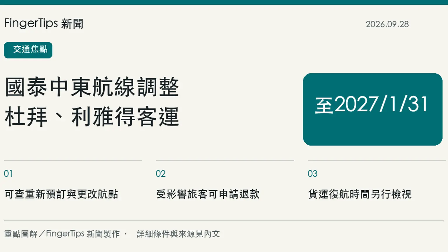 國泰取消杜拜、利雅得客運航班至2027年1月底，旅客可查改訂與退款