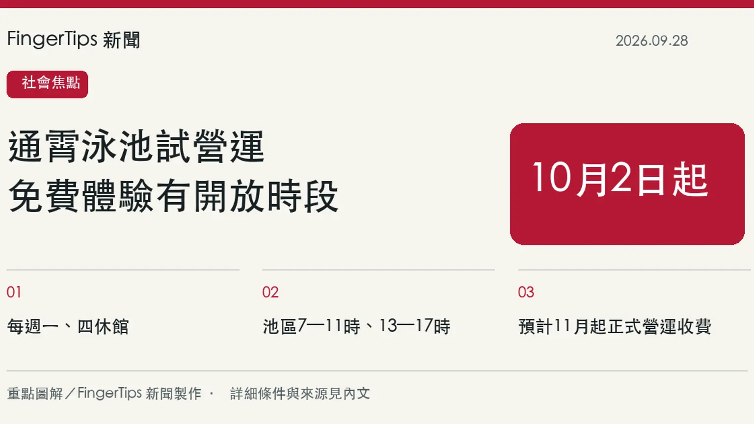 通霄鎮立泳池10月試營運，10月2日起開放體驗、週一四休館